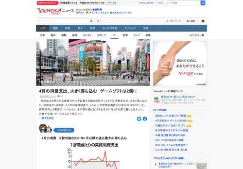 感染拡大を防ぐため営業や外出を自粛する動きが広がった4月の消費支出が大きく落ち込み、外食や交通、サービスなどが目立った。「巣ごもり」を一因に支出が増えた品目もあり、ゲームソフトは2倍に。