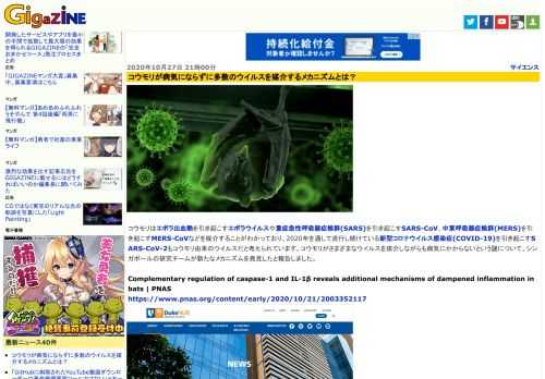 コウモリはエボラ出血熱を引き起こすエボラウイルスや重症急性呼吸器症候群(SARS)を引き起こすSARS-CoV、中東呼吸器症候群(MERS)を引き起こすMERS-CoVなどを媒介することがわかっており、2020年を通して流行し続けている新型コロナウイルス感染症(COVID-19)を引き起こすSARS-CoV-2もコウモリ由来のウイルスだと考えられています。コウモリがさまざまなウイルスを媒介しながらも病気にかからないという謎について、シンガポールの研究チームが新たなメカニズムを発見したと報告しました。