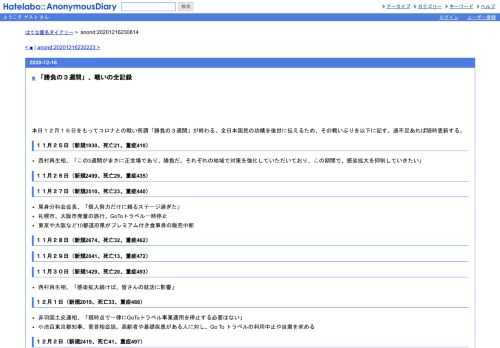 本日１２月１６日をもってコロナとの戦い所謂「勝負の３週間」が終わる。全日本国民の功績を後世に伝えるため、その戦いぶりを以下に記す。過…