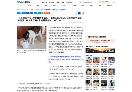 「ネコの宿命」とされる腎臓病にタンパク質「ＡＩＭ」を利用する治療法を開発した東京大学大学院医学系研究科疾患生命工学センターの宮崎徹教授は、人間のように機能しないとされてきたネコのＡＩＭを活性化する成分を発見、それを含むネコの「おやつ」やキャットフードの商品化を目指している。先天的に慢性腎臓病を発症しやすいネコが、生まれた直後からＡＩＭ活性化成分を摂取すれば、薬剤に頼らなくても生涯を健康に過ごせる可能性が高まる。（時事ドットコム編集部）