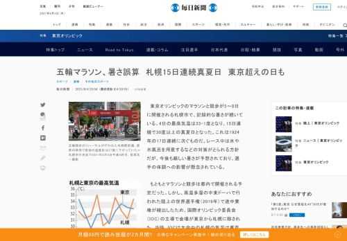 　東京オリンピックのマラソンと競歩が5～8日に開催される札幌市で、記録的な暑さが続いている。4日の最高気温は33・1度となり、15日連続で30度以上の真夏日となった。これは1924年の17日連続に次ぐものだ。レース中は氷や水風呂を用意するなどの対策がとられる方針だが、今後も厳しい暑さが予想されており