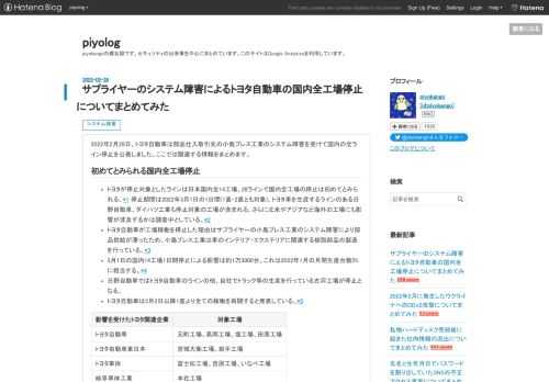 2022年2月28日、トヨタ自動車は部品仕入取引先の小島プレス工業のシステム障害を受けて国内の全ライン停止を公表しました。ここでは関連する情報をまとめます。 初めてとみられる国内全工場停止 トヨタが停止対象としたラインは日本国内全14工場、28ラインで国内全工場の停止は初めてとみられる。*1 停止期間は2022年3月1日の1日間(1直・2直とも対象)。トヨタ車を生産するラインのある日野自動車、ダイハツ工業も停止対象の工場が含まれる。さらに北米やアジアなど海外の工場にも影響が波及するかは調査中としている。*2 トヨタ自動車が工場稼働を停止した理由はサプライヤーの小島プレス工業のシステム障害により…